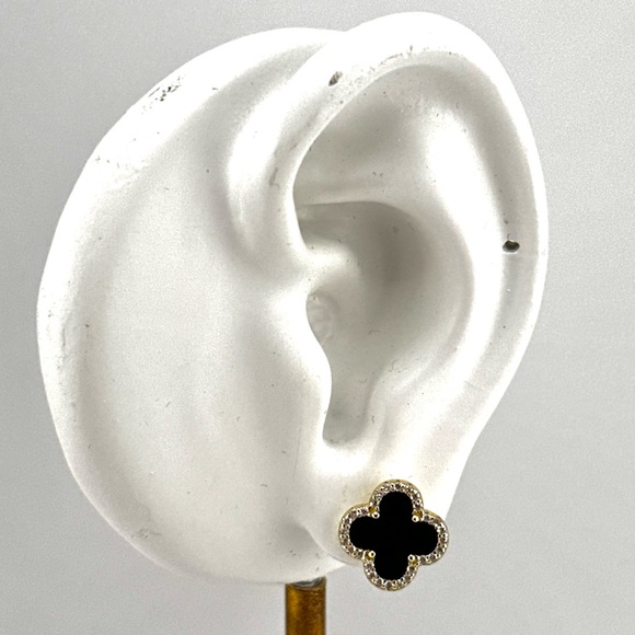 18K Gold Plated over 925 Sterling Silver Luxury Black Onyx Clover Stud Earrings - Picture 4 of 7